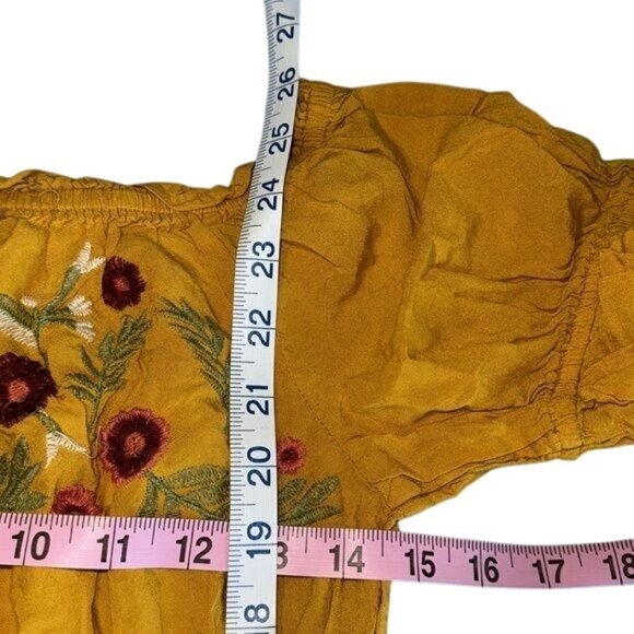 Yellow Floral Embroidered Peasant Blouse Feathers Womens M Cotton - Picture 8 of 8